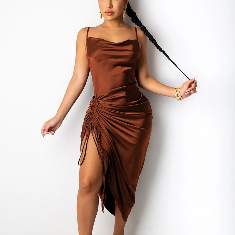 Ruched Satin Summer Dress Drawstring Spaghetti Straps Cowl Neck Backless Long Dresses by nowadaysfashion