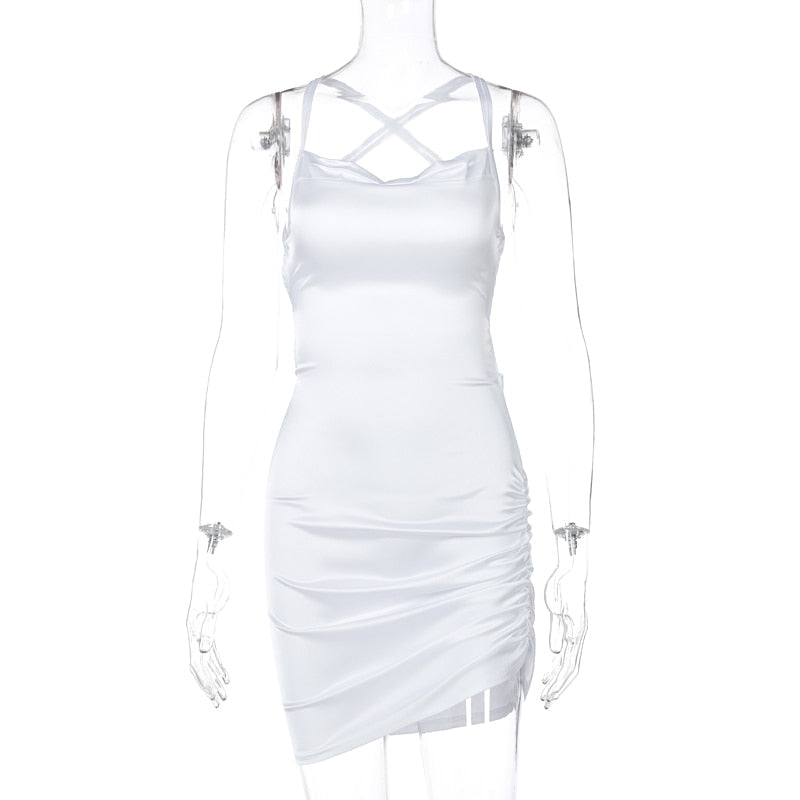 Satin Women Strap Mini Dress Ruched Lace Up Cross Bandage Backless Bodycon Sexy Party Elegant by nowadaysfashion