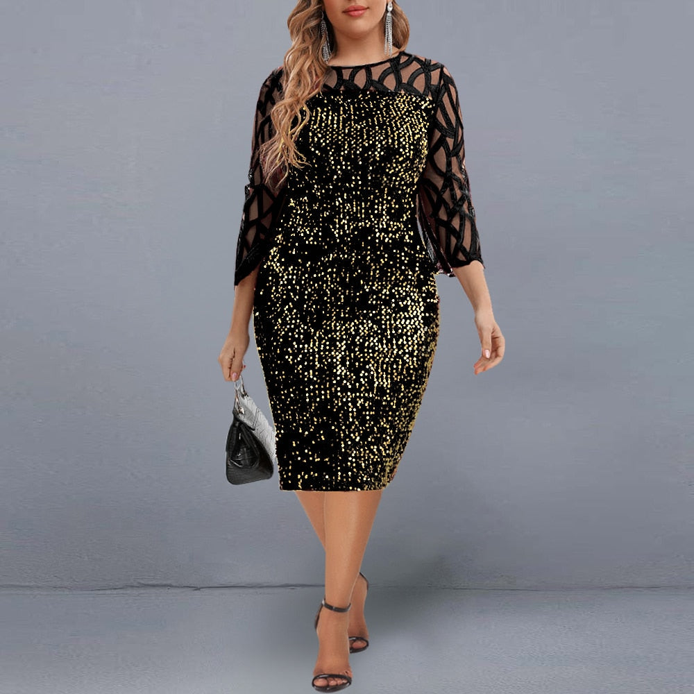 Elegant Sequin Evening Party Dresses 2022 Spring Mesh Patchwork Casual Midi Dress by nowadaysfashion
