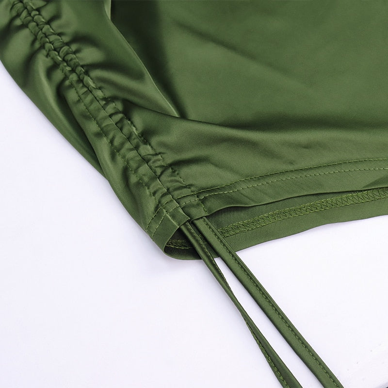 Ruched Satin Summer Dress Drawstring Spaghetti Straps Cowl Neck Backless Long Dresses by nowadaysfashion