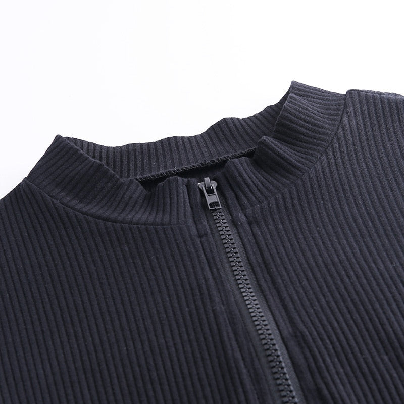 Bodycon Ribbed Dress Stand Collar Zipper Deep V-neck Solid Stretch Mini Vestido by nowadaysfashion