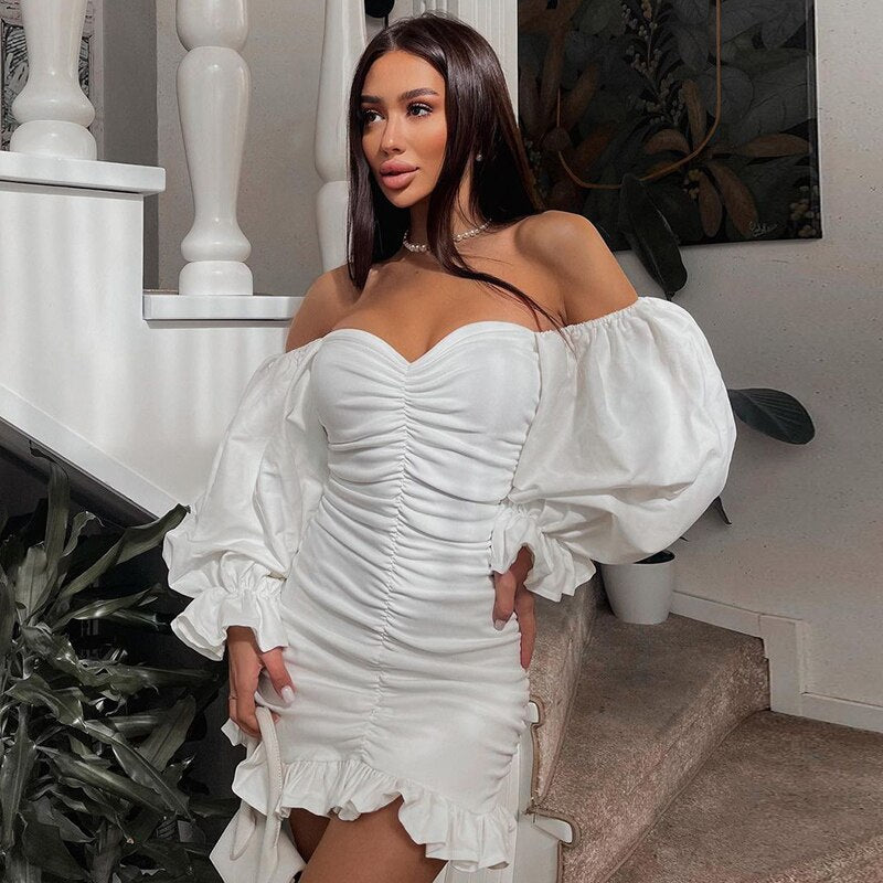 Off Shoulder Long Loose Flare Puff Sleeve Ruched Mini Dress by nowadaysfashion