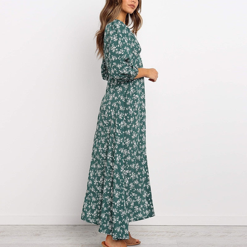 Women Chiffon Long Dress Floral Print Lantern Sleeve A-line Maxi Vestidos Vintage V Neck Dresses by nowadaysfashion