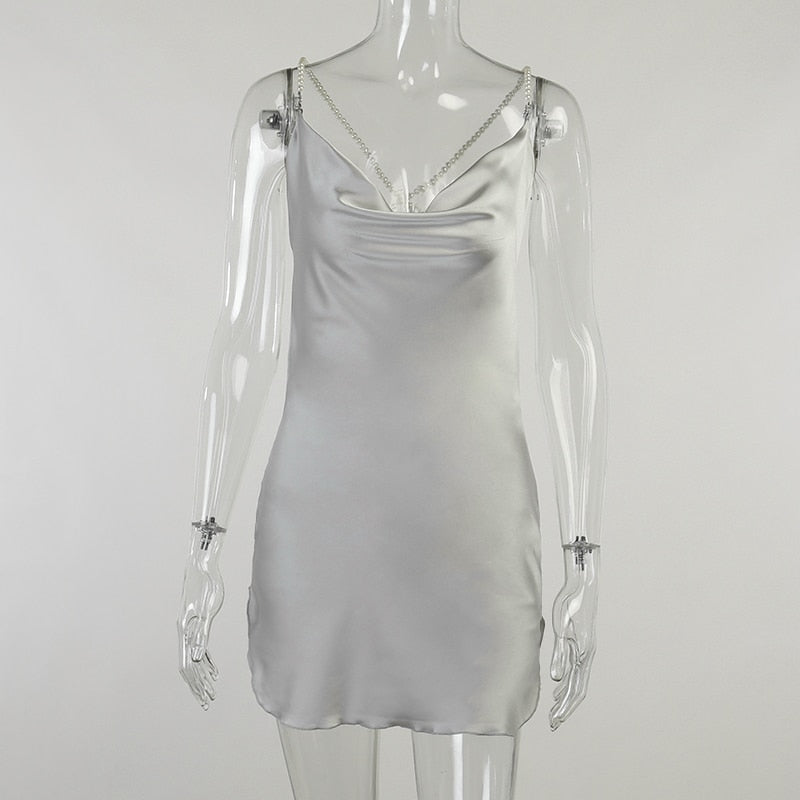 Silk Strap Mini Dresses Backless Solid Color Criss Front Pearl Sexy Summer Sexy Party by nowadaysfashion