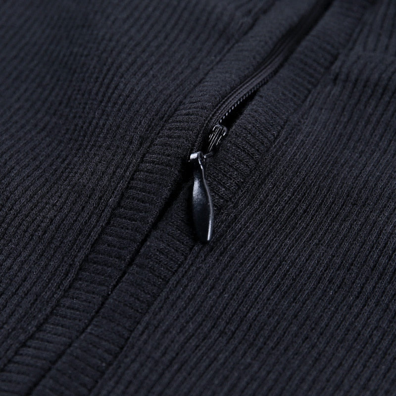 Bodycon Ribbed Dress Stand Collar Zipper Deep V-neck Solid Stretch Mini Vestido by nowadaysfashion