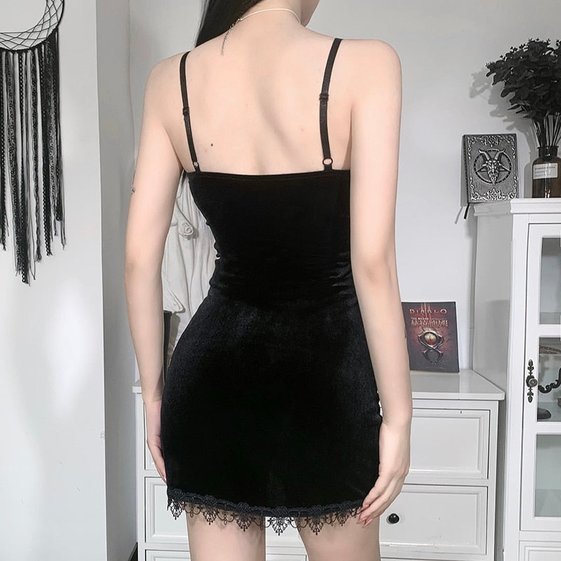 Gothic Dark Cross Black Mini Dress Vintage Sexy Spaghetti Strap High Waist Slit Dresses by nowadaysfashion