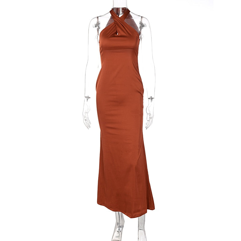 Solid Satin Halter Sleeveless Slim Bodycon Maxi Dress by nowadaysfashion