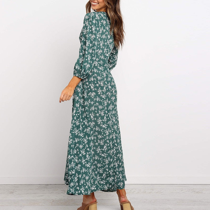 Women Chiffon Long Dress Floral Print Lantern Sleeve A-line Maxi Vestidos Vintage V Neck Dresses by nowadaysfashion