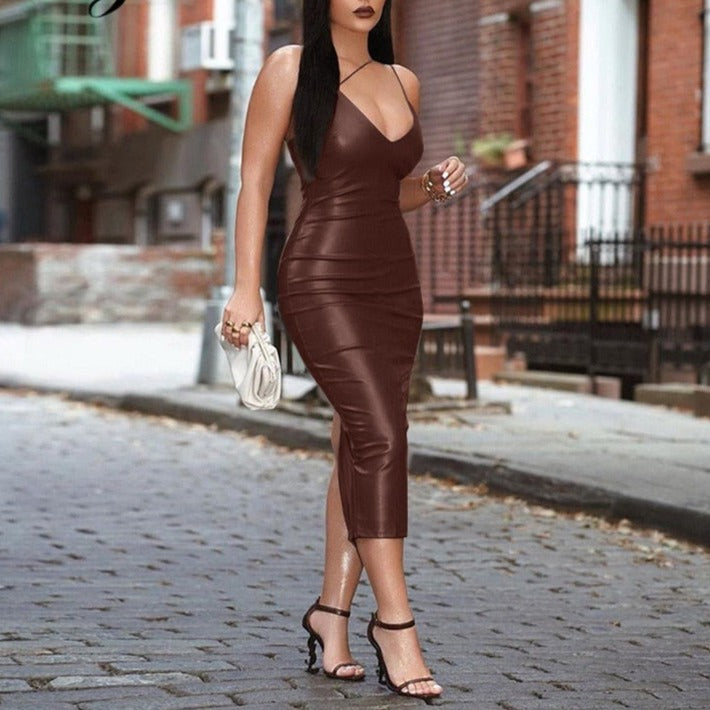 Pu Faux Leather Women Slit Midi Dress Strap V Neck Backless Bodycon Sexy Streetwear by nowadaysfashion
