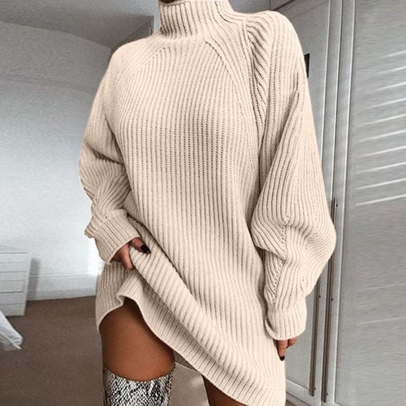 Women Turtleneck Oversized Knitted Dress Solid Long Sleeve Casual Elegant Mini Sweater Dress Plus Size by nowadaysfashion