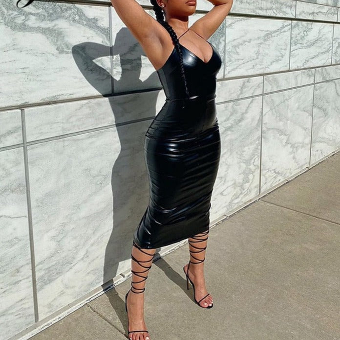 Pu Faux Leather Women Slit Midi Dress Strap V Neck Backless Bodycon Sexy Streetwear by nowadaysfashion