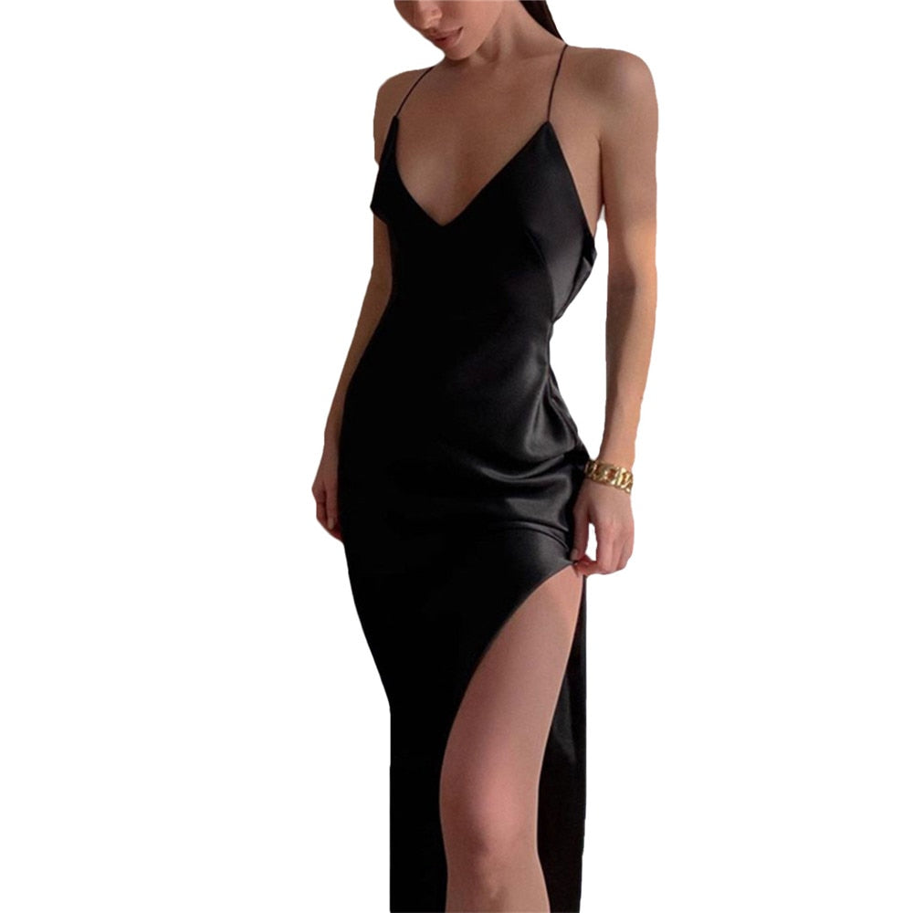 Spring Summer Women Satin Silky Spaghetti Strap Split Long Dress Elegant Sleeveless Backless Sexy Vestito by nowadaysfashion