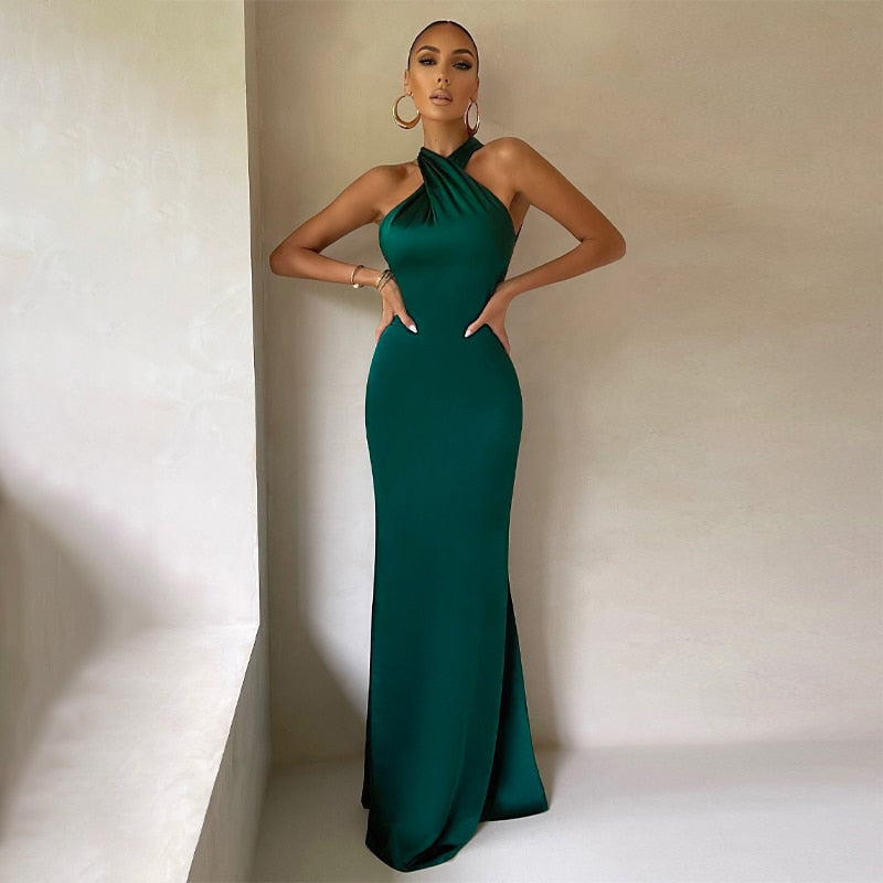 Solid Satin Halter Sleeveless Slim Bodycon Maxi Dress by nowadaysfashion