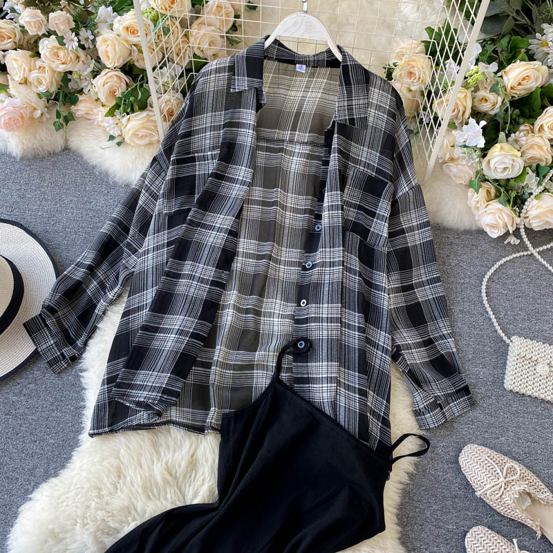 Two Piece Set Long Sleeve Plaid Grey Overcoats Spaghetti Strap Slim Dress by nowadaysfashion
