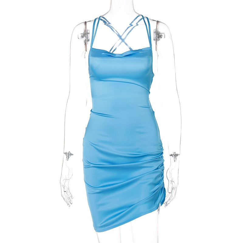 Satin Women Strap Mini Dress Ruched Lace Up Cross Bandage Backless Bodycon Sexy Party Elegant by nowadaysfashion