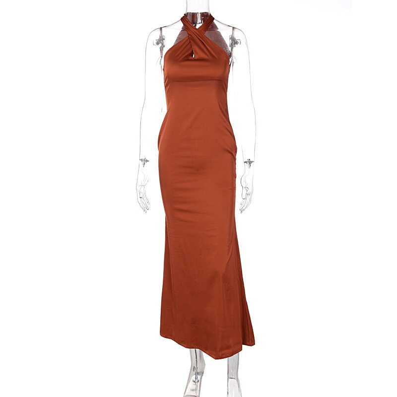 Solid Satin Halter Sleeveless Slim Bodycon Maxi Dress by nowadaysfashion