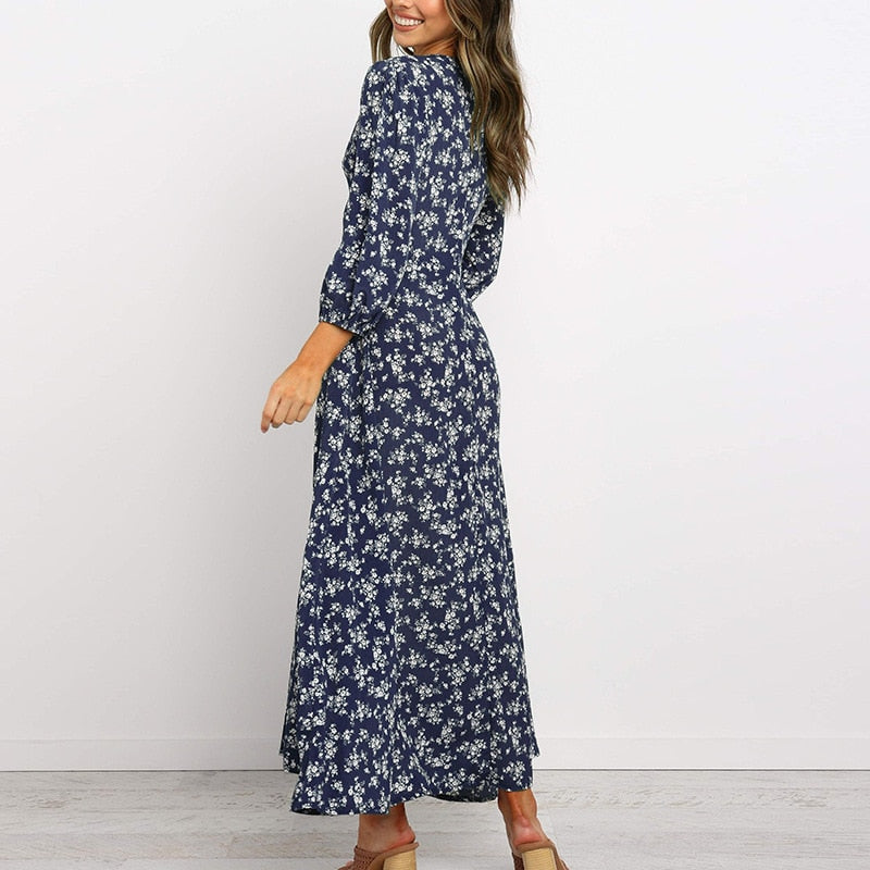 Women Chiffon Long Dress Floral Print Lantern Sleeve A-line Maxi Vestidos Vintage V Neck Dresses by nowadaysfashion