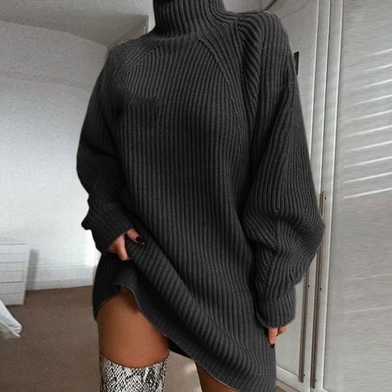 Women Turtleneck Oversized Knitted Dress Solid Long Sleeve Casual Elegant Mini Sweater Dress Plus Size by nowadaysfashion