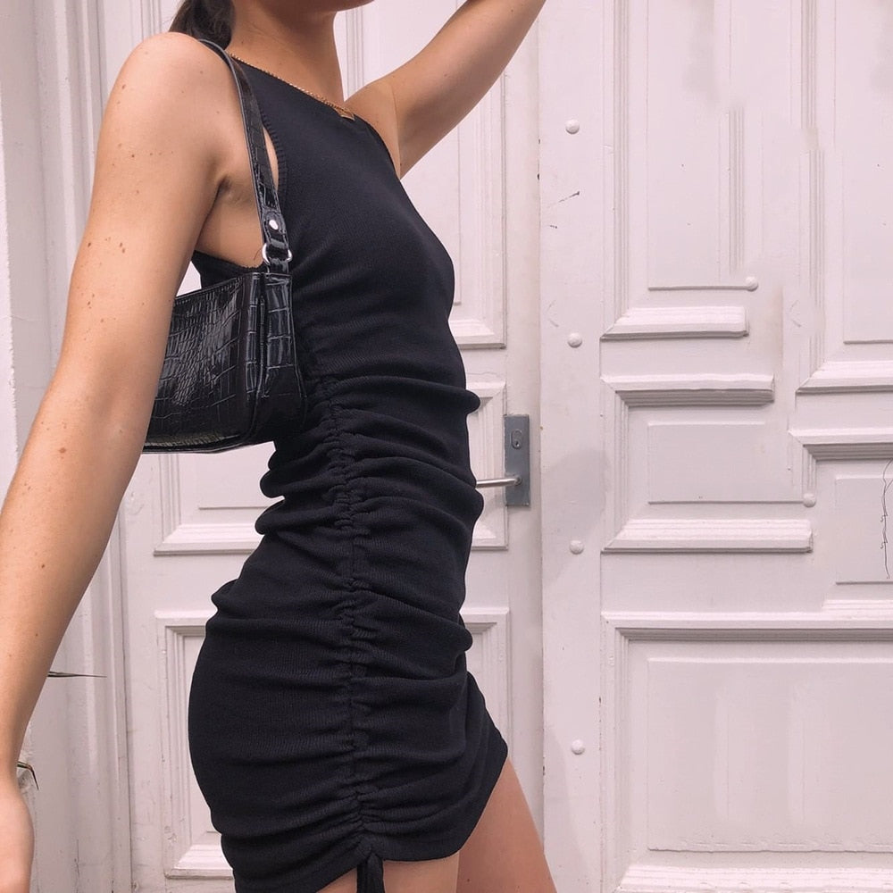 Ribbed Mini Dress Women Off Shoulder Sexy Party O Neck Drawstring Knit Tank Bodycon by nowadaysfashion