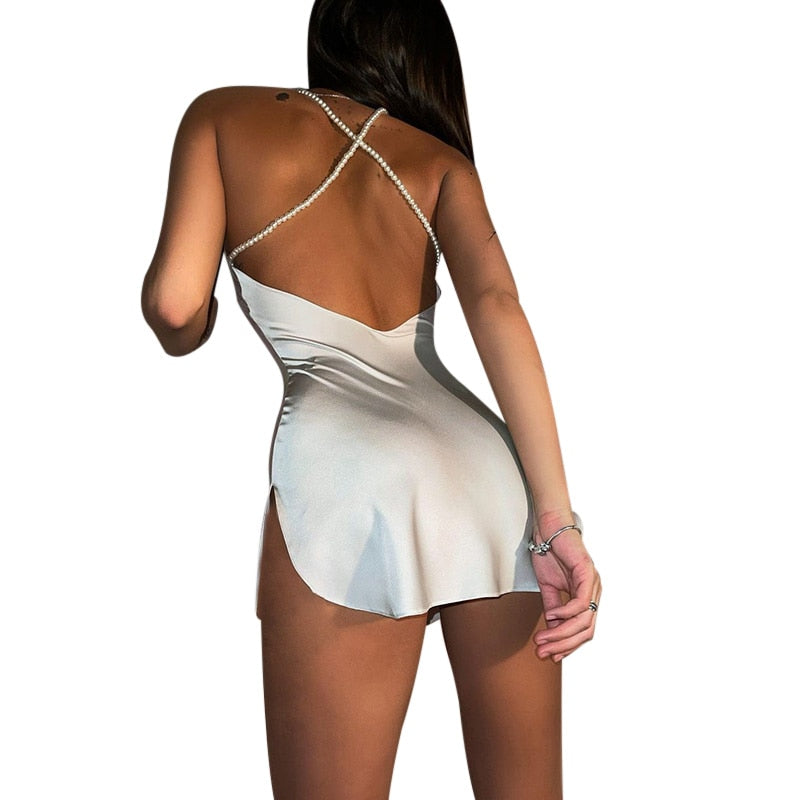 Silk Strap Mini Dresses Backless Solid Color Criss Front Pearl Sexy Summer Sexy Party by nowadaysfashion