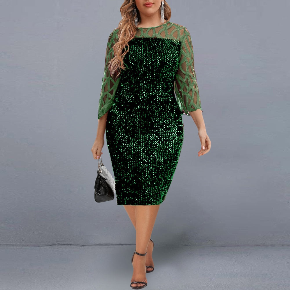 Elegant Sequin Evening Party Dresses 2022 Spring Mesh Patchwork Casual Midi Dress by nowadaysfashion
