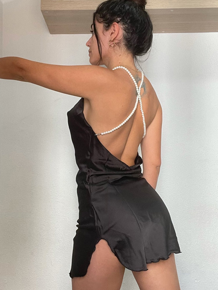 Silk Strap Mini Dresses Backless Solid Color Criss Front Pearl Sexy Summer Sexy Party by nowadaysfashion