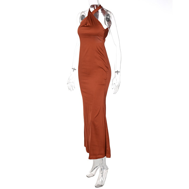 Solid Satin Halter Sleeveless Slim Bodycon Maxi Dress by nowadaysfashion
