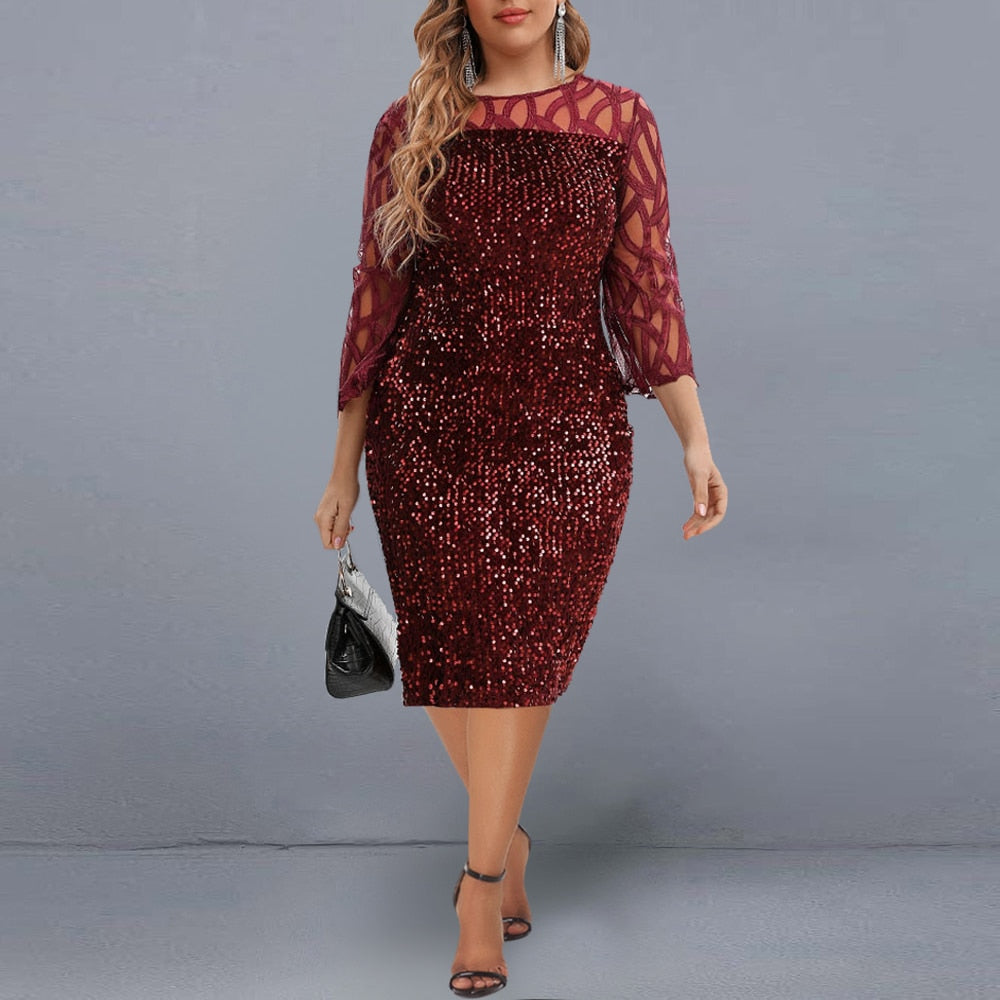 Elegant Sequin Evening Party Dresses 2022 Spring Mesh Patchwork Casual Midi Dress by nowadaysfashion