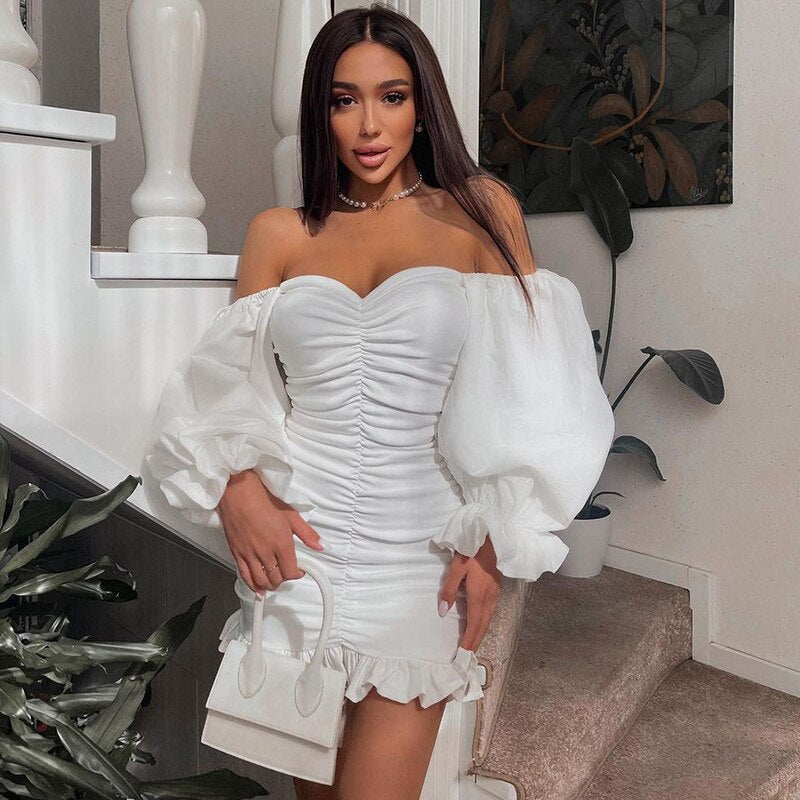 Off Shoulder Long Loose Flare Puff Sleeve Ruched Mini Dress by nowadaysfashion