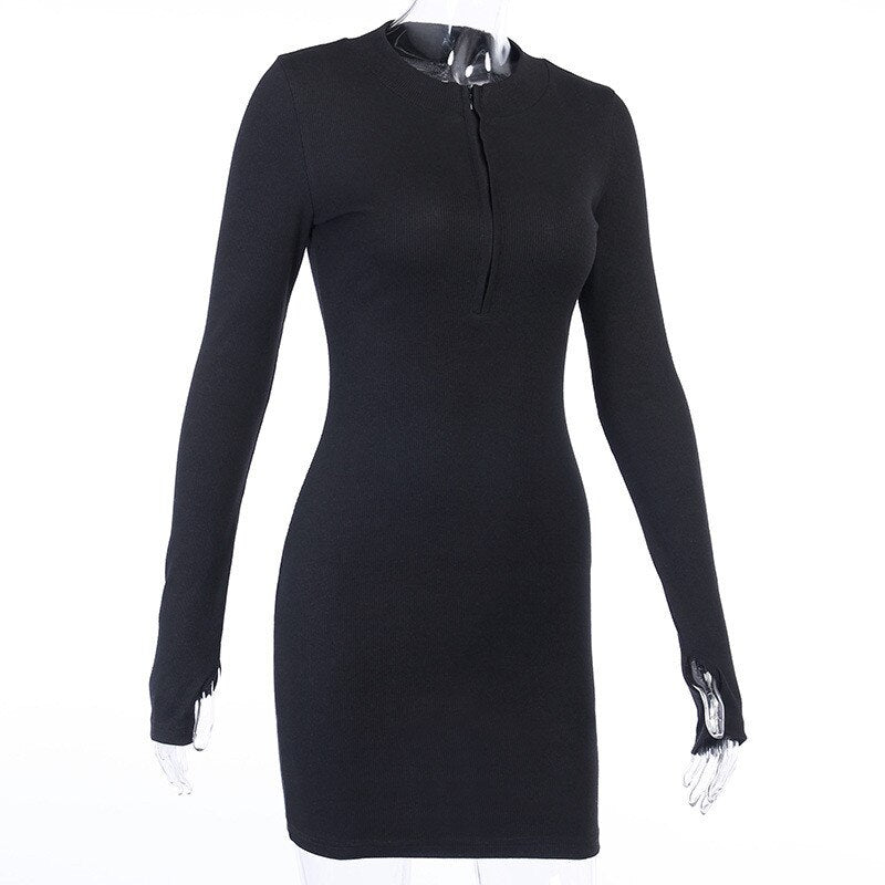 Bodycon Ribbed Dress Stand Collar Zipper Deep V-neck Solid Stretch Mini Vestido by nowadaysfashion