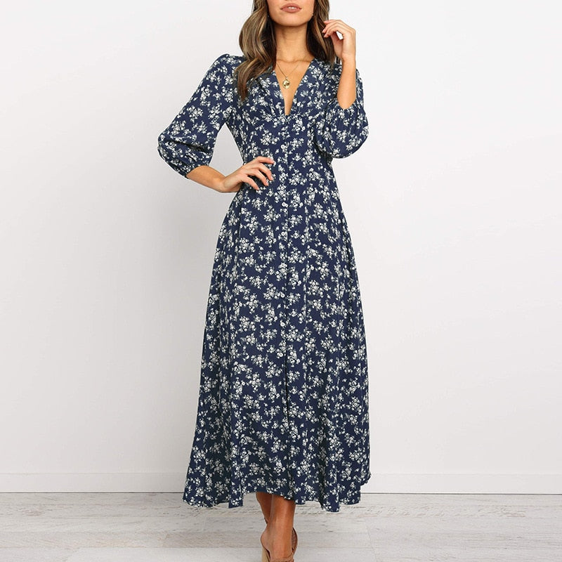 Women Chiffon Long Dress Floral Print Lantern Sleeve A-line Maxi Vestidos Vintage V Neck Dresses by nowadaysfashion