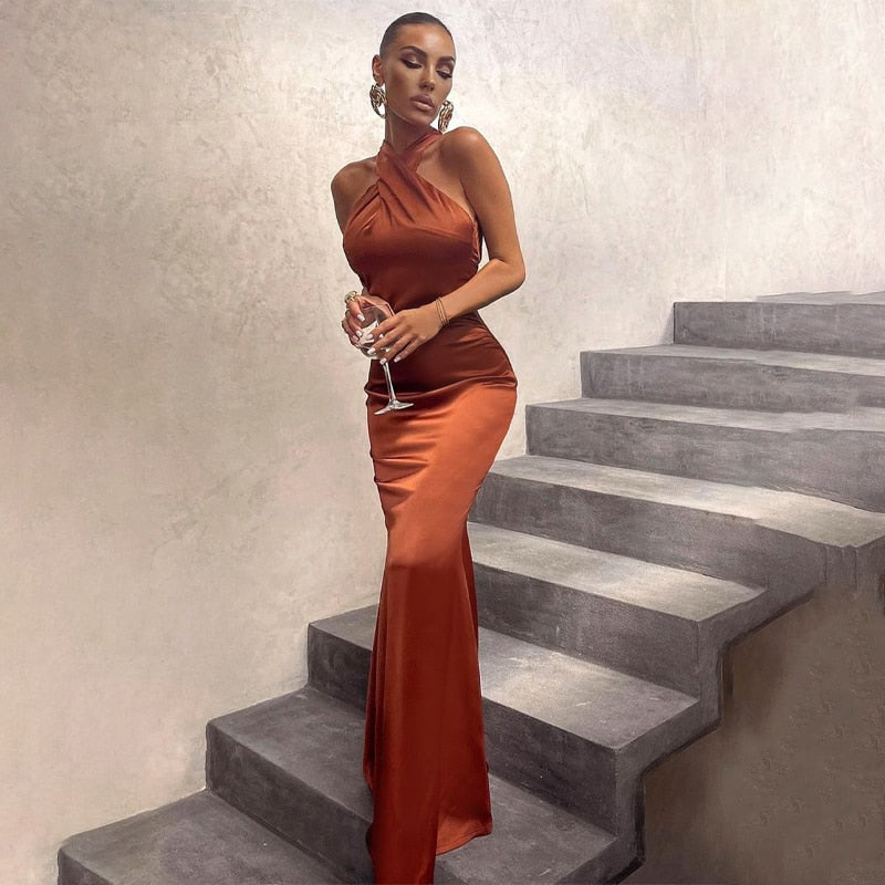Solid Satin Halter Sleeveless Slim Bodycon Maxi Dress by nowadaysfashion
