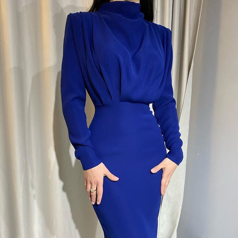 Elegant Women Dress Stand Collar Slim Waist Solid Ankle Length Autumn Long Sleeve Dress by nowadaysfashion