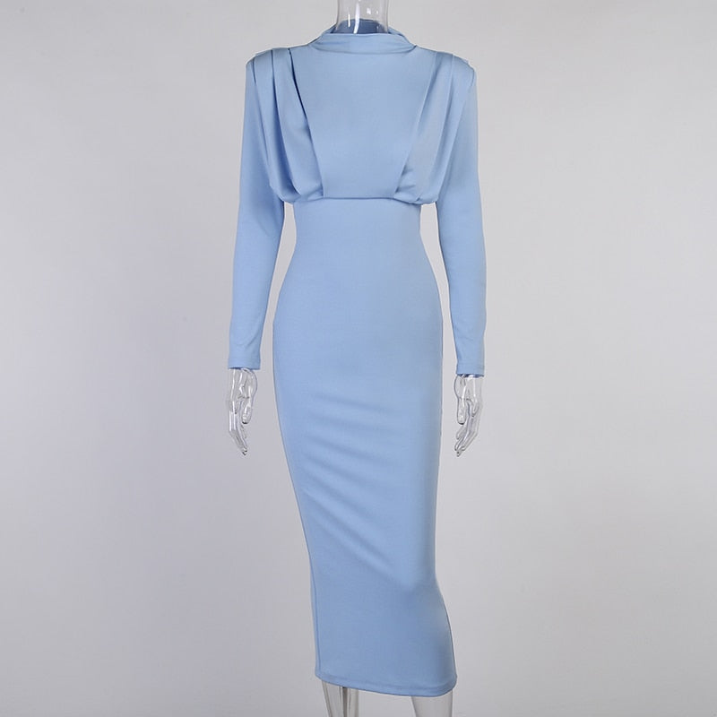 Elegant Women Dress Stand Collar Slim Waist Solid Ankle Length Autumn Long Sleeve Dress by nowadaysfashion