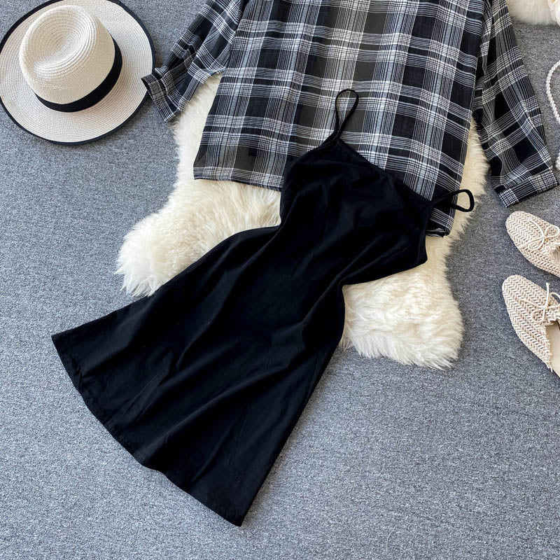 Two Piece Set Long Sleeve Plaid Grey Overcoats Spaghetti Strap Slim Dress by nowadaysfashion