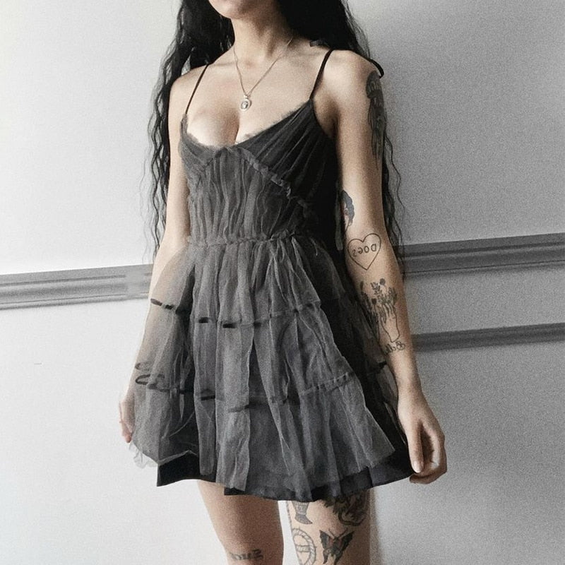 Dark Gothic Harajuku Dress Women Vintage Mesh Patchwork Lace Up High Waist Dress by nowadaysfashion