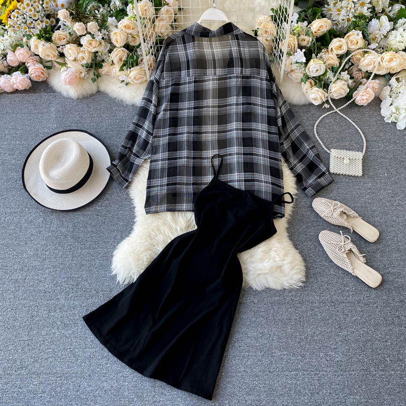 Two Piece Set Long Sleeve Plaid Grey Overcoats Spaghetti Strap Slim Dress by nowadaysfashion