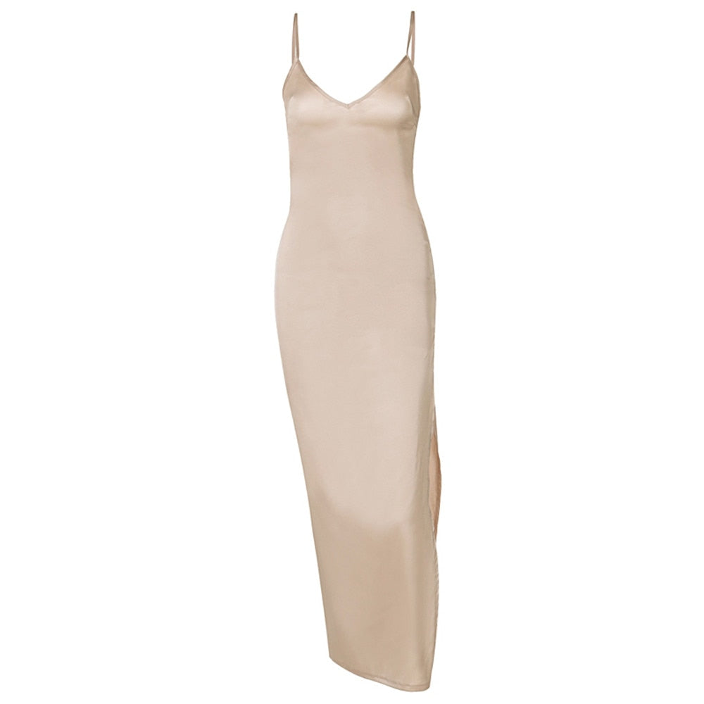 Spring Summer Women Satin Silky Spaghetti Strap Split Long Dress Elegant Sleeveless Backless Sexy Vestito by nowadaysfashion