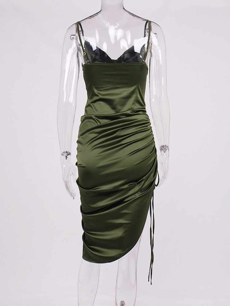 Ruched Satin Summer Dress Drawstring Spaghetti Straps Cowl Neck Backless Long Dresses by nowadaysfashion
