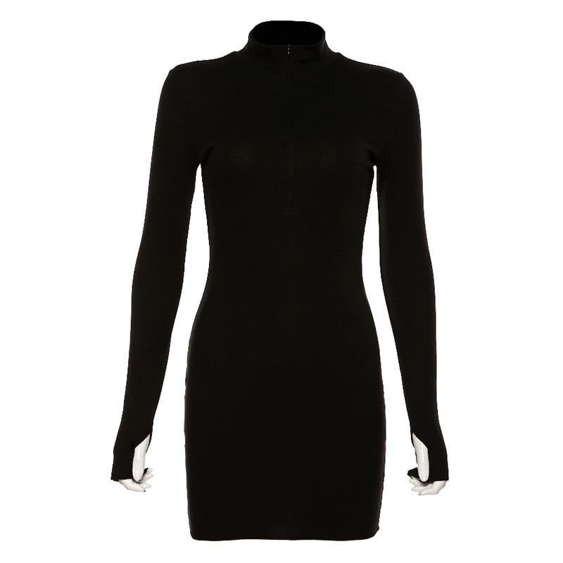 Spring Autumn Stretch Slim Soft Ribbed Knitted Turtleneck Casual Bodycon Zip Dress by nowadaysfashion