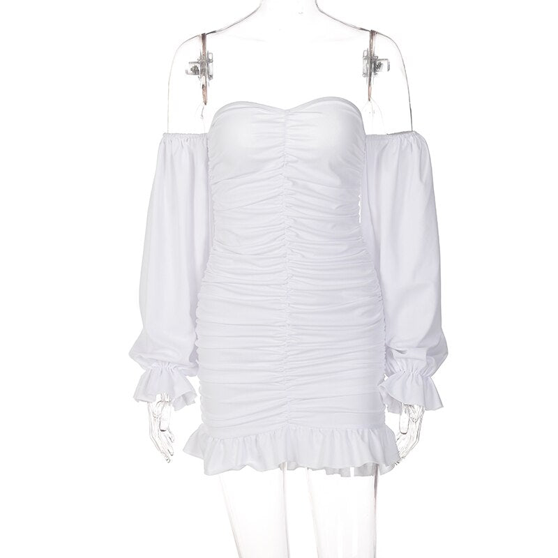 Off Shoulder Long Loose Flare Puff Sleeve Ruched Mini Dress by nowadaysfashion