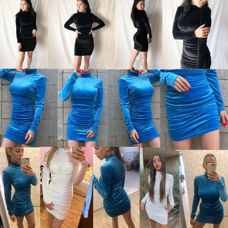 Bodycon Velvet Mini Dress Women Long Sleeve High Neck Party Dresses Female Velvet Sheath Dress by nowadaysfashion