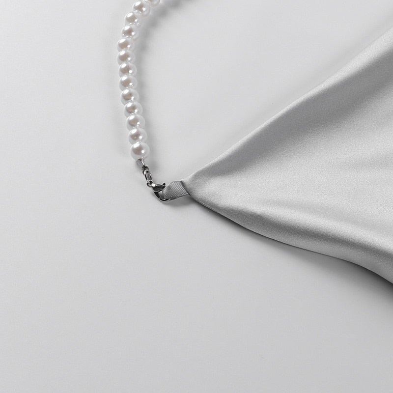 Silk Strap Mini Dresses Backless Solid Color Criss Front Pearl Sexy Summer Sexy Party by nowadaysfashion