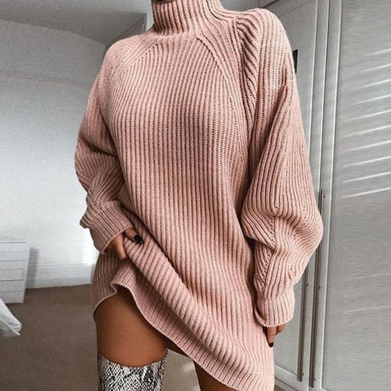 Women Turtleneck Oversized Knitted Dress Solid Long Sleeve Casual Elegant Mini Sweater Dress Plus Size by nowadaysfashion