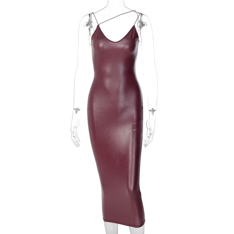 Pu Faux Leather Women Slit Midi Dress Strap V Neck Backless Bodycon Sexy Streetwear by nowadaysfashion