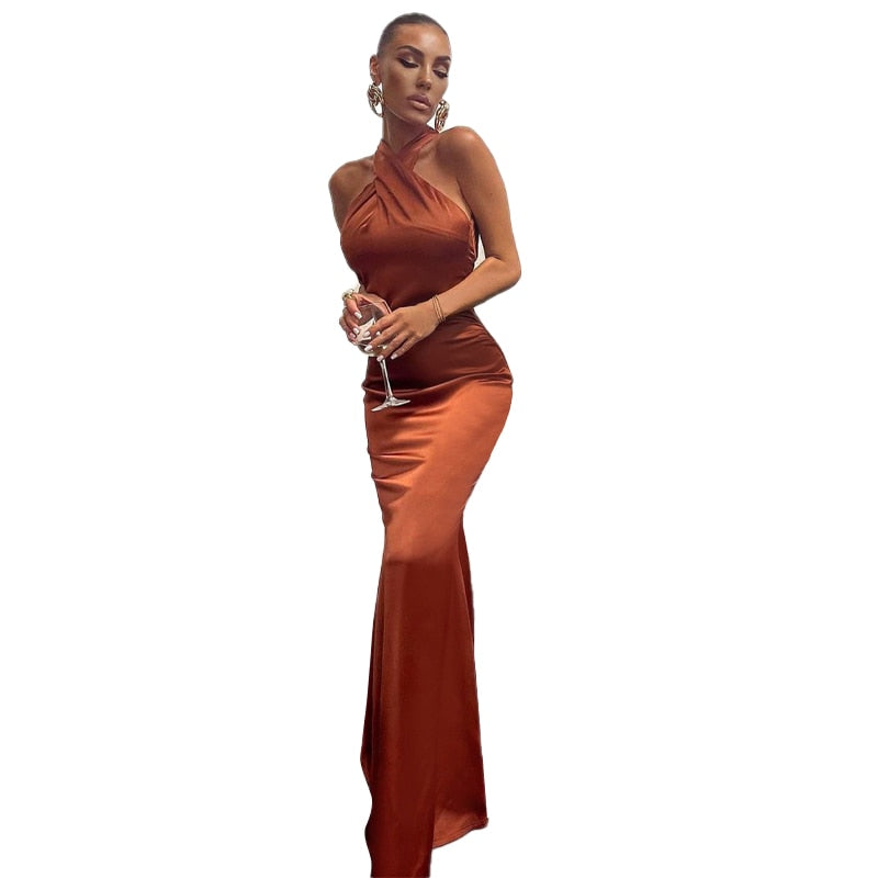 Solid Satin Halter Sleeveless Slim Bodycon Maxi Dress by nowadaysfashion