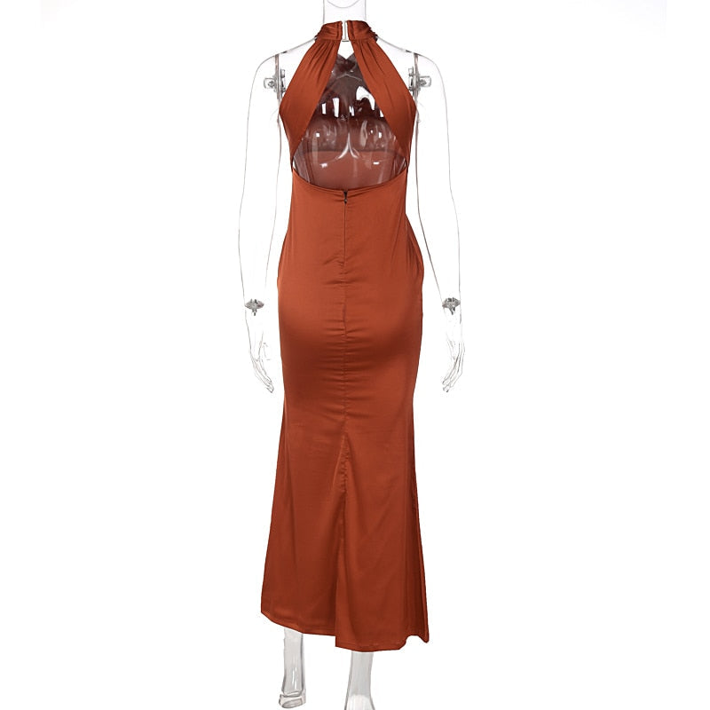 Solid Satin Halter Sleeveless Slim Bodycon Maxi Dress by nowadaysfashion