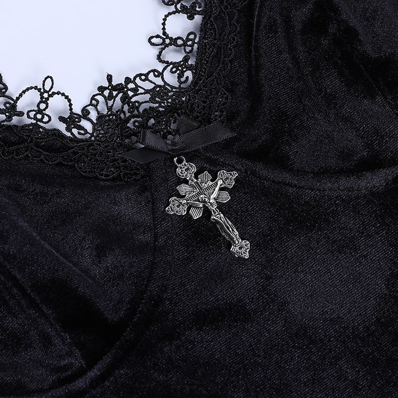 Gothic Dark Cross Black Mini Dress Vintage Sexy Spaghetti Strap High Waist Slit Dresses by nowadaysfashion
