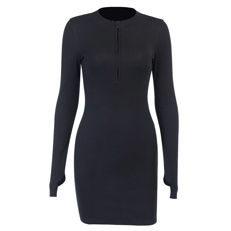 Bodycon Ribbed Dress Stand Collar Zipper Deep V-neck Solid Stretch Mini Vestido by nowadaysfashion