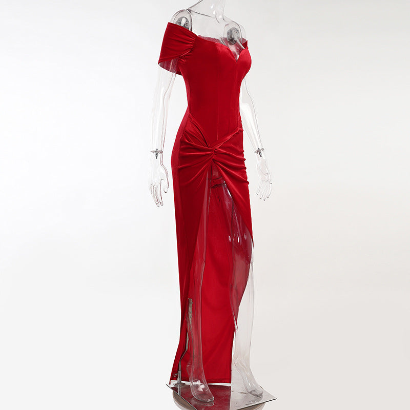 Summer Short Sleeve High Split Formal Evening Dress Women Solid Bodycon Long Dresses by nowadaysfashion
